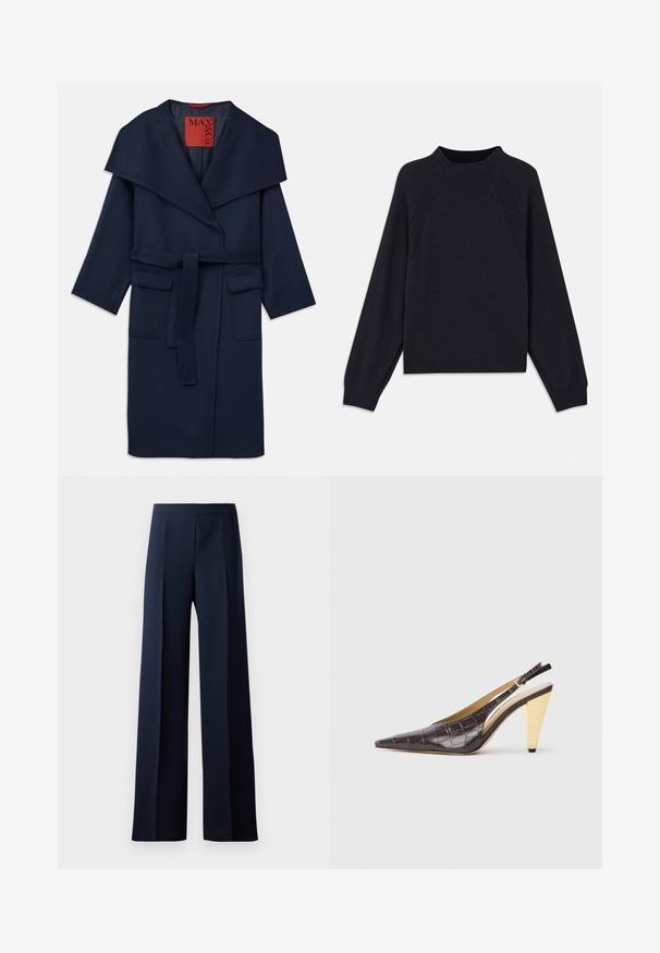 Manteau bleu marine avec un large col, une taille ceinturée et deux grandes poches avant. Fabriqué en tissu lisse avec une coupe décontractée et des manches 3/4.; Pull en marine foncé avec un col rond, des manches raglan longues, des poignets côtelés et un ourlet droit. Fabriqué en un matériau tricoté doux et texturé.; Pantalons à jambes larges en tissu bleu marine foncé, dotés d'une texture lisse, de plis avant discrets et d'une taille ajustée pour une silhouette épurée.; Talons slingback à bout pointu en simili cuir crocodile marron foncé brillant. Présente un talon géométrique doré et une sangle ajustable à la cheville.