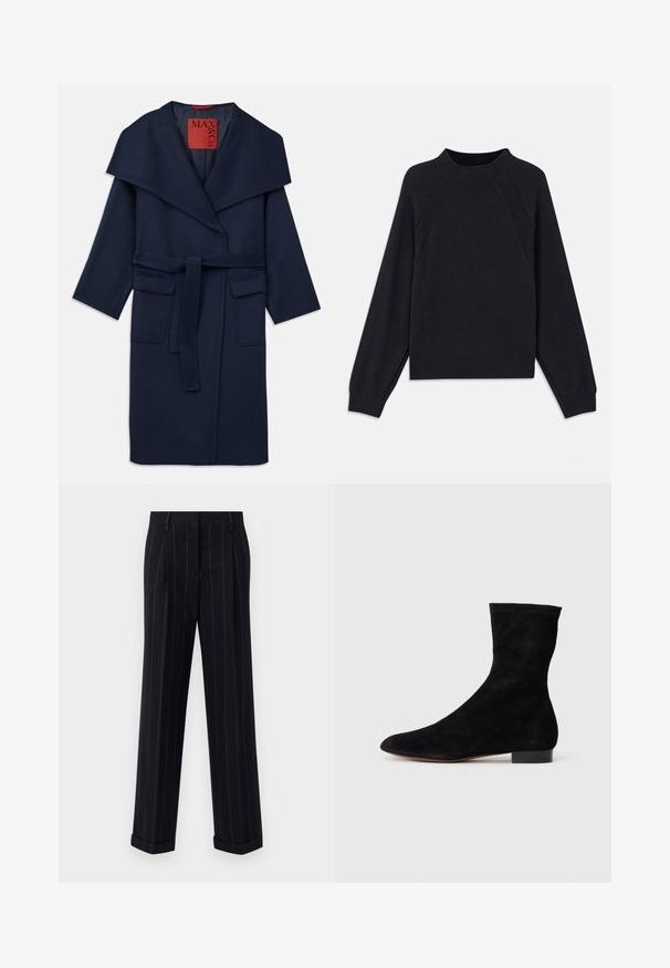 Tumed sinine mantel laia krae, vööga taljes ja kahe suure eespool oleva taskuga. Valmistatud siledast kangast, millel on lõdva istuvusega ja 3/4 varrukad.; Tume meresinine sviiter ümmarguse kaelusega, pikkade raglanist varrukatega, soonikkoes mansettidega ja sirge äärega. Valmistatud pehmest, tekstuuriga kudumist.; Mustra mustriga tumeda värvusega püksid, millel on kohandatud lõige, varras ja ees olevad voldid. Valmistatud siledast kangast, millel on struktureeritud disain.; Musthave mustan nahast pahkluu saabas, millel on kitsas vars, terav nina ja madal plokk-konts. Pehme tekstuur ja minimalistlik disain, sobib mitmekesiseks stiliseerimiseks.