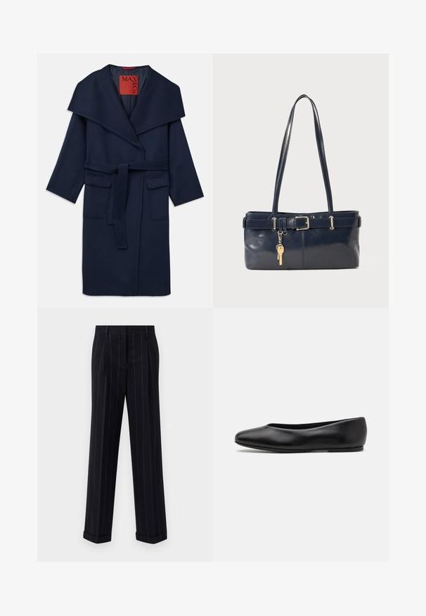 Cappotto blu navy con ampio colletto, vita bloccata da una cintura e due grandi tasche frontali. Realizzato in tessuto liscio con una vestibilità casual e maniche 3/4.; Maglione blu scuro con scollatura rotonda, maniche lunghe a raglan, polsini a coste e orlo dritto. Realizzato in un morbido materiale a maglia testurizzato.; Pantaloni neri a righe sottili con una vestibilità su misura, dotati di orlo con risvolto e pieghe frontali. Realizzati in un tessuto liscio con un design strutturato.; Paul Smith TOPANGA - Ballerine - black; Borsa a mano in pelle blu con due manici lunghi, un dettaglio con fibbia e un portachiavi attaccato. Presenta una texture liscia e una forma rettangolare.