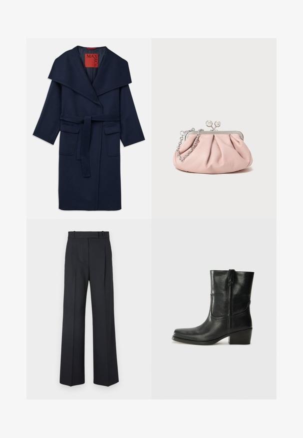 Marinblauer Mantel mit einem breiten Kragen, tailliertem Bund und zwei großen vorderen Taschen. Aus glattem Stoff gefertigt, mit lockerer Passform und 3/4-Ärmeln.; Schwarzer Strickpullover mit langen Ärmeln, Rundhalsausschnitt und einem kleinen weißen Herz auf der Brust. Weiche Textur sowie gerippte Bündchen und Saum.; Dunkelblaue Nadelstreifenhosen mit hoher Taille, weit geschnittenem Bein und ohne sichtbare Beschläge oder Verzierungen. Glatte Textur und taillierte Passform.; Schwarze Leder-Ankle Boots mit runder Zehenform, Blockabsatz, seitlichem Reißverschluss und gestickten Akzenten auf dem Blatt. Glatte Textur, klassisches Design.; Rosa Leder-Clutch mit einem gerafften Design, Metallrahmen, zwei runden Verschlüssen und einem silbernen Kettenriemen. Glatte Textur, kompakte Form.