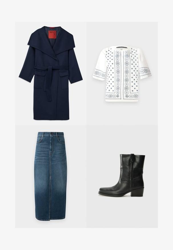 Námornícky modrý kabát so širokým golierom, opaskom v oblasti pása a dvoma veľkými prednými vreckami. Vyrobený z hladkej tkaniny s uvoľneným strihom a 3/4 rukávmi.; Biely krátky rukáv blúzka so modrou kvetinovou výšivkou, okrúhlym výstrihom a zložitými vzormi na prednej časti a rukávoch.; Denim midi sukňa v tmavom indigu, s predným rozparkom a jemným vyblednutím. Klasický dizajn s piatimi vreckami a kovovým gombíkom na zapínanie.; Čierne kožené členkové topánky s okrúhlou špičkou, blokovým podpätkom, bočným zipsom a prešívaním na priehlavku. Hladká textúra, klasický dizajn.