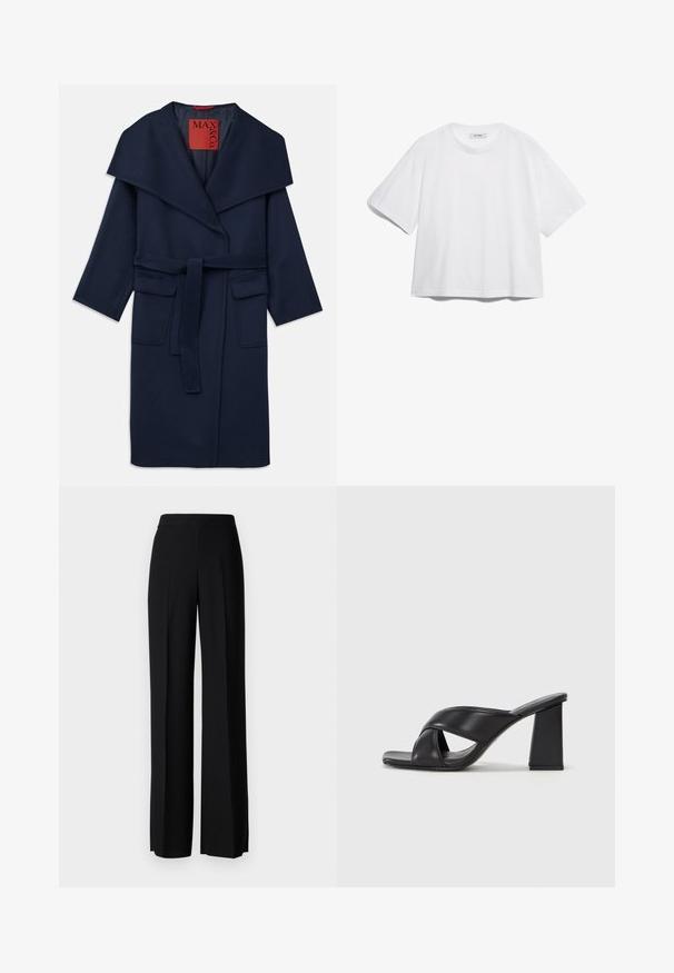 Tamsiai mėlynas paltas su plačiu apykakle, diržu ties juosmeniu ir dviem didelėmis priekinėmis kišenėmis. Pagamintas iš lygaus audinio, laisva forma ir 3/4 ilgio rankovėmis.; Balta medvilninė marškinėliai su trumpomis rankovėmis, apvaliu iškirpimu, laisvu siluetu ir be matomų raštų ar grafikų. Lygus paviršius ir paprastas dizainas.; Juodi platūs kelnių kelnės su lygiu paviršiumi, turinčios aukštą liemenį ir centrinės raukšlės. Nėra matomų raštų ar metalinių detalių.; MAX&Co. SOHO - Aukštakulniai sandalai - schwarz