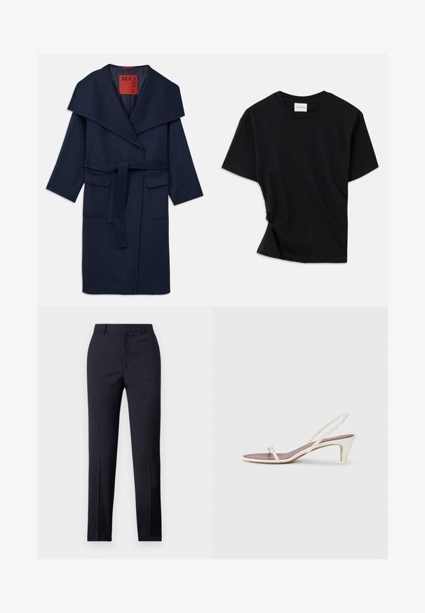 Navy blue coat with a wide collar, belted waist, and two large front pockets. Made of smooth fabric with a relaxed fit and 3/4 sleeves.; Black t-shirt made of soft cotton, featuring a crew neckline, short sleeves, and a slightly twisted design for a relaxed fit.; Navy tailored trousers with a straight cut, featuring a smooth texture, two front pockets, and a clean waistband.; White slingback sandals with a slight heel, thin straps, and a smooth leather texture; features a small decorative buckle.