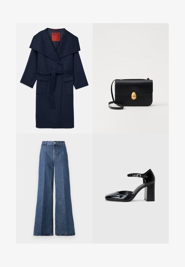 Abrigo azul marino con un amplio cuello, cintura ceñida y dos grandes bolsillos frontales. Elaborado en una tela suave, con un ajuste relajado y mangas 3/4.; Camiseta de algodón blanca con mangas cortas, escote redondo, corte relajado y dobladillo cosido. Etiqueta visible en el interior del cuello.; Jeans de mezclilla azul de pierna ancha con cintura alta, que cuentan con un estilo clásico de cinco bolsillos y un cierre de botón, confeccionados en tela de algodón texturizado.; Zapatos de charol negro de tacón alto con punta cuadrada, correa en el tobillo y tacón grueso. Incluye detalles perforados a lo largo del borde.; Bolso de mano de cuero negro con forma rectangular estructurada. Presenta un cierre ovalado dorado y una delgada correa para el hombro. Textura suave.