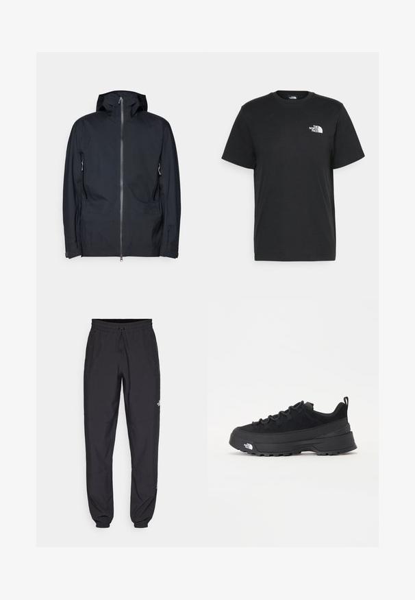 Chaqueta negra con capucha hecha de un tejido suave y resistente al agua. Con cierre de cremallera completa, dos bolsillos laterales y puños ajustables.; Camiseta de algodón negro con mangas cortas, cuello redondo y un pequeño logo blanco en el lado izquierdo del pecho. Diseño simple, textura suave y ajuste relajado.; Pantalones deportivos negros hechos de un tejido ligero, con una cinturilla ajustable, bolsillos laterales y puños ajustados en los tobillos.; Zapatilla negra de exterior con parte superior de ante, suela de goma texturizada y un sólido sistema de cordones. Cuenta con un talón reforzado y el logotipo de la marca en el lateral.