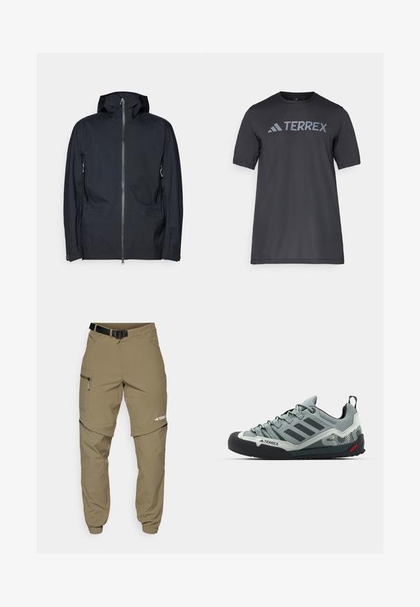 Giacca nera con cappuccio realizzata in tessuto liscio e resistente all'acqua. Presenta una chiusura frontale a zip completa, due tasche laterali e polsini regolabili.; T-shirt nero a maniche corte realizzato in tessuto leggero, con il logo "TERREX" grigio chiaro sul petto e colletto tondo.; Pantaloni da esterno khaki con cintura nera regolabile, tasche con zip, polsini affusolati e gambe inferiori staccabili per uno stile versatile.; Scarpe da arrampicata grigie con una tomaia strutturata, punta in gomma nera, tre strisce scure e un piccolo accento rosso sulla suola.
