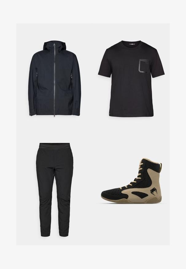 Juodas gobtuvą turintis džemperis, pagamintas iš lygaus, vandeniui atsparaus audinio. Pasižymi pilnu užtrauktuku priekyje, dviem šoninėmis kišenėmis ir reguliuojamais rankogaliais.; Juodas trumpas rankovės marškinėliai, pagaminti iš medvilnės su subtilia tekstūra. Pirmame kišenėje yra stačiakampio formos dizainas ir logotipas.; Juodi tamprūs kelnės su prigludusia forma, elastinga juosta ir užtrauktuku uždaromomis kišenėmis. Lygi tekstūra su lengvu blizgesiu.; Aukštesni sportiniai batai, turintys juodą tinklinį paviršių su smėlio spalvos akcentais. Tekstūruota gumos pašiūrė ir logotipo detalė šonėje.