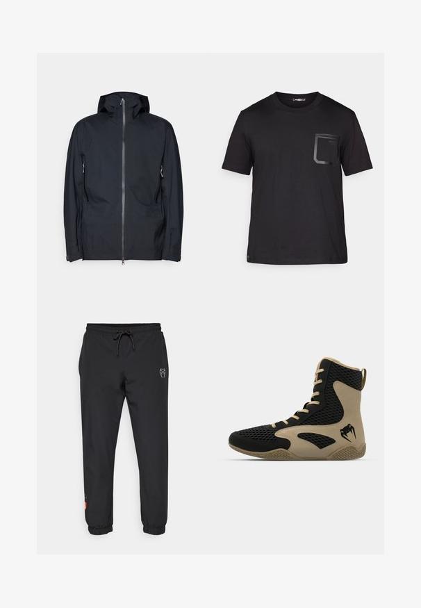 Svart huva jacka gjord av slätt, vattentåligt tyg. Har en hel dragkedja fram, två sidofickor och justerbara manschetter.; Svart kortärmad t-shirt i bomull med en subtil struktur. Har en framficka med en rektangulär design och logodetalj.; Svarta joggerbyxor i lätt material, med elastisk midja och dragsko, smalnande ben och logotypdetaljer framtill.; Högskuren спортивна sko med en svart nätutsida och beige accenter. Texturerad gummisula och logodetalj på sidan.