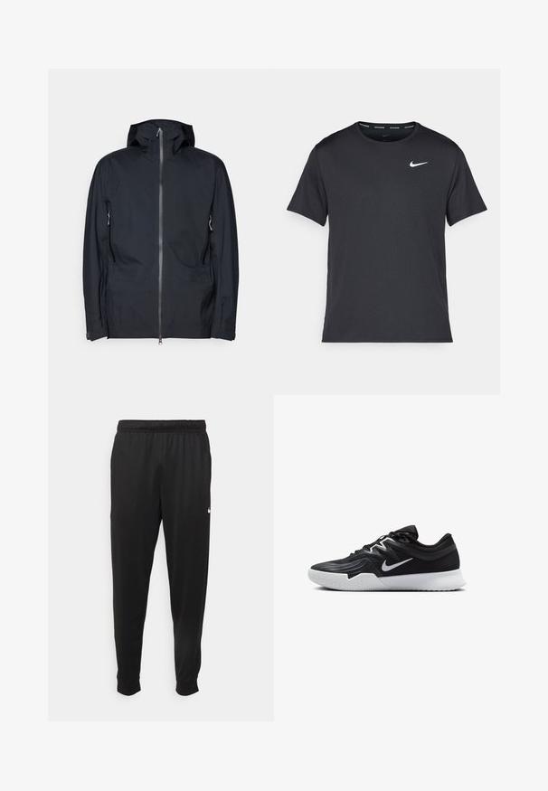 Črna kapuca jakna iz gladkega, vodoodpornega materiala. Ima polni zadrgo na sprednji strani, dva stranska žepa in nastavljive manžete.; Črna tekaška majica Nike, izdelana iz lahkega in zračnega materiala, z kratkimi rokavi in majhnim belim logotipom na prsih.; Črne športne hlače iz gladkega materiala, z elastičnim pasom, zoženimi hlačnicami in majhnim belim logotipom na levi strani.; Črne atletske čevlje z teksturirano zgornjico, belim Nike znakom in belim gumijastim zunanjim podplatom. Imajo vezalni dizajn in dinamično obliko.