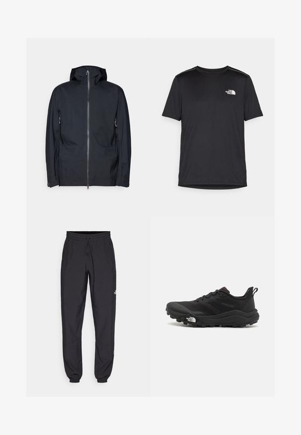 Crna kapuljača jakna izrađena od glatkog, vodootpornog materijala. Ima potpuni zatvarač sprijeda, dva bočna džepa i podesive manžete.; Crna majica kratkih rukava izrađena od lagane tkanine. Ima mali bijeli logo na lijevoj strani grudi i suptilne naglaske na ramenima.; Crne sportske hlače od lagane tkanine, s pojasom na vezanje, bočnim džepovima i suženim manžetama na gležnjevima.; Crne trail trkačke cipele s teksturiranim gornjim dijelom, gumeni potplat i ojačana zaštita za prste. Imaju podstavljen ovratnik i trakicu za lakše obuvanje.