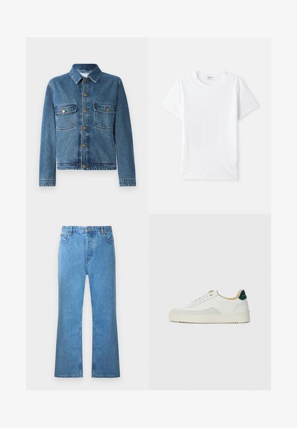 Casaco de ganga em azul médio, com fecho de botões, quatro bolsos e um colarinho clássico. Textura suave com acabamentos cosidos.; Camiseta de algodão branca, com decote redondo, mangas curtas, textura suave, sem padrões ou detalhes, design simples, corte padrão.; Calças de ganga azul claro com corte flare, cintura alta, cinco bolsos e ligeiro desbotado. Apresenta detalhes de costura e fecho de botão.; Tênis brancos com detalhes em camurça, bico arredondado, atacadores planos e sola de borracha creme. Apresenta uma marcação verde no calcanhar.