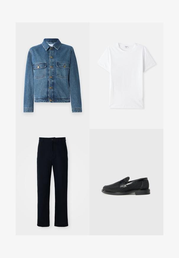 Casaco de ganga em azul médio, com fecho de botões, quatro bolsos e um colarinho clássico. Textura suave com acabamentos cosidos.; Camiseta de algodão branca, com decote redondo, mangas curtas, textura suave, sem padrões ou detalhes, design simples, corte padrão.; Calças azul marinho em algodão, com um design de perna reta, fecho frontal com botão e cinta clássica com passantes para cinto.; Sandalha preta entrelaçada com um accento de couro liso na parte superior, design de biqueira redonda e sola de borracha de perfil baixo.