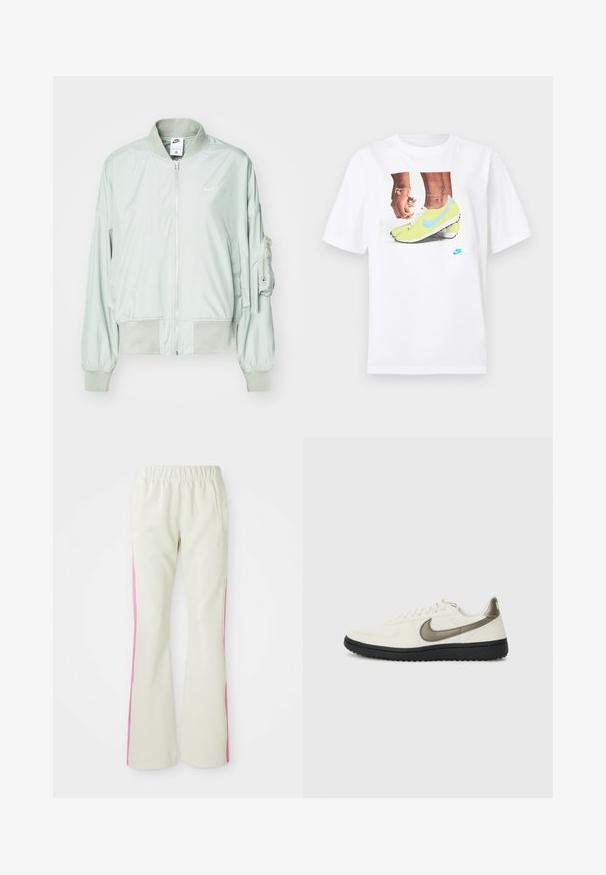 Hele rohelise värvi bomber-jakk, mis on valmistatud siledast kangast ning sisaldab lukuga esitust, ribatud varrukaid ja plaastrikoti vasakul varrukal.; Valge puuvillane T-särk, millel on kollaste Nike jalatsite ja siniste aktsentidega jalgade graafika, kombineeritud vasakul randmel oleva käevõruga.; Heledad beežid püksid elastse vöökoha ja roosade külgmiste paneelidega, mis sisaldavad küljetaskuid. Sile tekstuur ja sirge lõige.; Nike Sportswear FIELD GENERAL - Tossud - off-white/black