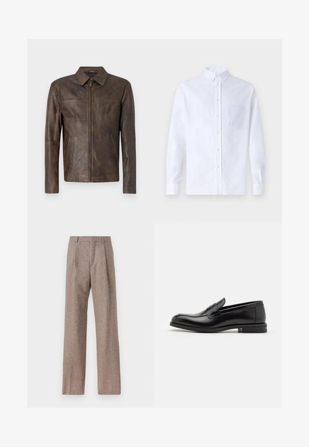 Pruun nahast jakk, millel on lihtne disain, terav kaelus, ees lukuga sulgemine ja kaks küljetaskut, mille pind on sile ja matt.; Valge pikamaa varrukatega nööbiga särk, mis on valmistatud puuvillast ja millel on rinna tasku toon-toonis brodeeringuga, krae ja nööbiga mansetid.; Prunnid, kõrge vöökohaga püksid, mis on valmistatud tekstureeritud kangast. Omavad laiu jalgu ja kahte eesmist voldikut struktuuri jaoks. Korralik viimistlus, ilma nähtava riistvarata.; Mustad mustad nahast loafers sileda tekstuuriga, ümarat ninaosa ja dekoratiivne riba vampi üle. Madal kihiline konts, minimalistlik disain.