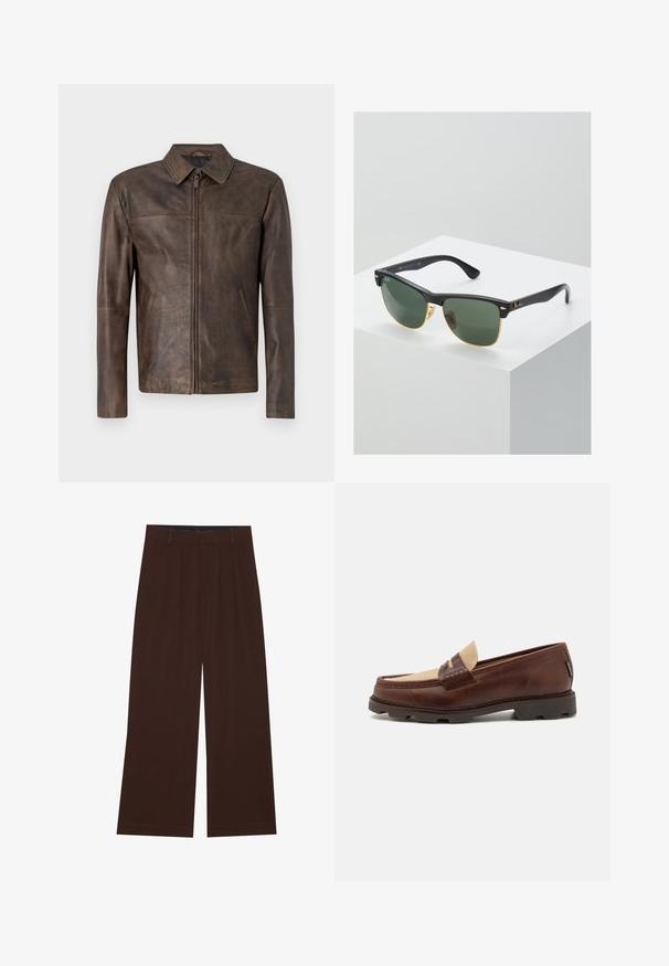 Hnedá kožená bunda s jednoduchým dizajnom, špicatým golierom, predným zipsovým zapínaním a dvoma bočnými vreckami, s hladkým, matným povrchom.; Biely bavlnený tielko s okrúhlym výstrihom, širokými ramennými popruhmi a rovnom spodným lemom, ktoré má hladkú textúru a žiadne viditeľné vzory.; Hnedé nohavice s širokými nohavicami a plisovaním. Vyrobené z hladkej látky, s upraveným pásom a bočnými vreckami. Rovný lem na spodnej časti.; Hnedé kožené loafers so taupe plátnovým akcentom, prešívaním a textúrovanou gumovou podrážkou navrhnutou pre pohodlie a trvácnosť.; Slnečné okuliare Ray-Ban so zelenými sklami, čiernymi plastovými rámami a zlatými akcentami na okrajoch. Štvorcový tvar s matným povrchom.