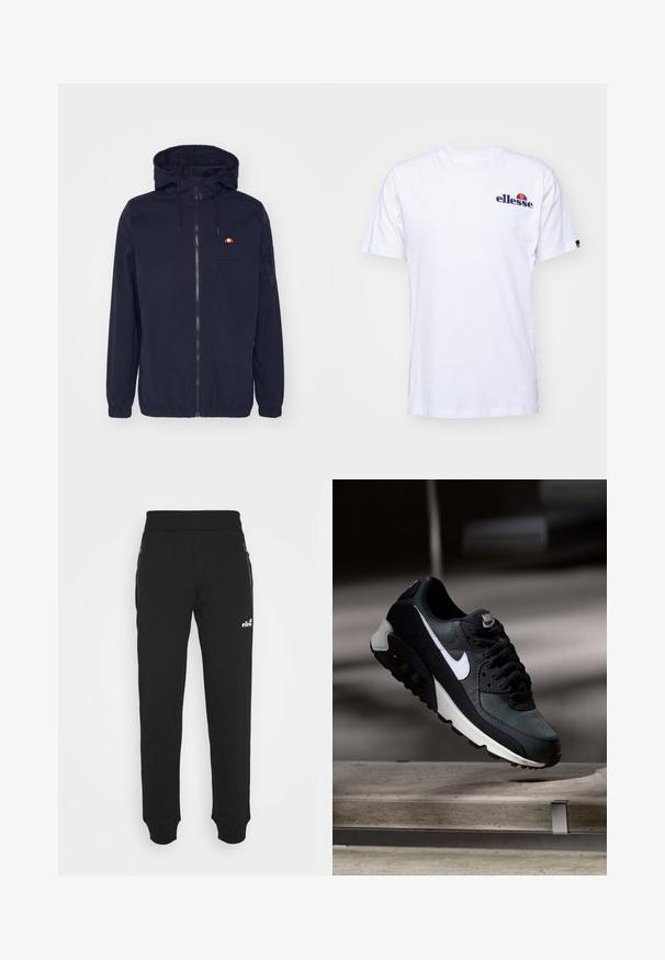 Temno moder lahko jakna s kapuco, sprednjim zadrgo, elastičnimi manšetami in robom. Ima majhen rdeč in rumen logotip na levem prsnem delu.; Bela bombažna majica s kratkimi rokavi, ki ima na levi strani prsnega dela vezeno logotip v mornarsko modri barvi, nad logotipom pa živahen barvni poudarek.; Črne trenirke iz mehkega blaga imajo zasnovo z zoženimi nogami, elastičen pas, stranske žepe z zadrgo in majhen logotip.; Črne in zelene športne copate z vzorčasto mrežasto zgornjo obutvijo, belim swoosh logotipom, oblazinjenim ovratnikom in vidno enoto z zračnim blaženjem v podplatu.