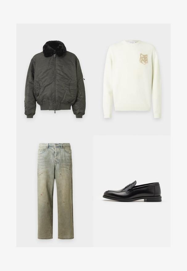 Olivgrön bomberjacka med en fuskpäls-krage, dragkedja framtill, ribbade ärmslut och nederkant, samt sidofickor med en ficka på ärmen med dragkedja.; Krämfärgad crewneck-tröja med långa ärmar och en liten beige rävhuvudgrafik på vänster bröst, ribbade muddar och nederkant.; Slitna denimjeans i ljusgröna toner, med rak benprofil, femficksdesign och ojämn blekning med färgsplatter.; Svarta läderloafers med en slät yta, rund tå och ett dekorativt band över främre delen. Låg staplad klack, minimalistisk design.