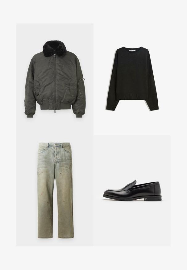 Bomber bunda olivově zelené barvy s límcem z umělé kožešiny, zipovým zapínáním vpředu, žebrovanými manžetami a spodním lemem, bočními kapsami a kapsou na zip na pažích.; Černý pletený svetr s kulatým výstřihem, žebrovanými manžetami a lemem. Design je široký s kleslými rameny pro pohodlný střih.; Odstřižené džíny v světle zelené barvě, se rovnými nohavicemi, pěti kapsami a nerovnoměrným vyblednutím s barevnými skvrnami.; Černé kožené polobotky s hladkou texturou, zaoblenou špičkou a zdobným páskem přes nárt. Nízký stohovaný podpatek, minimalistický design.