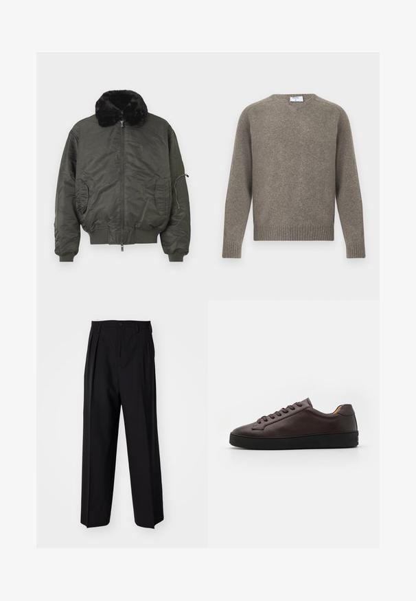 Maslinasto zeleni bomber jakna s umetnim krznom na ovratniku, patent zatvaračem sprijeda, rebrastim rupama i donjim rubom, te bočnim džepovima s džepom na rukavu koji se zatvara na patent.; Sivi pleteni džemper, okrugli izrez, rebrasti rukavi i rub, mekana tekstura, izrađen od mješavine vune, minimalistički dizajn s vidljivom etiketom na izrezu.; Crne plisirane hlače s ravnim širokim nogavicama. Izrađene od glatkog materijala, s dugmadi za zatvaranje i petljama za remen.; Smeđi kožni tenisice s glatkom teksturom, okruglim vrhom i crnom gumenenom potplatu. Ima tonalne vezice i minimalističke dizajnerske detalje.