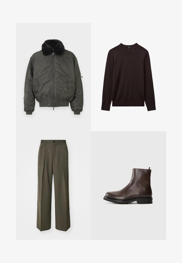 Oliivroheline pommitaja jakk, millel on kunstkarv kaelus, lukuga esiosa, soonikkoes varrukad ja allserv, küljetaskud ning lukuga käsitasku.; Reiss Džemper - dark bordeaux; Filippa K WIDE TROUSERS - Püksid - driftwood; Pruun nahkane sääreking, millel on sile tekstuur, elastsed külgpaneelid, tõmbetabin taga ja robustne kummitald.