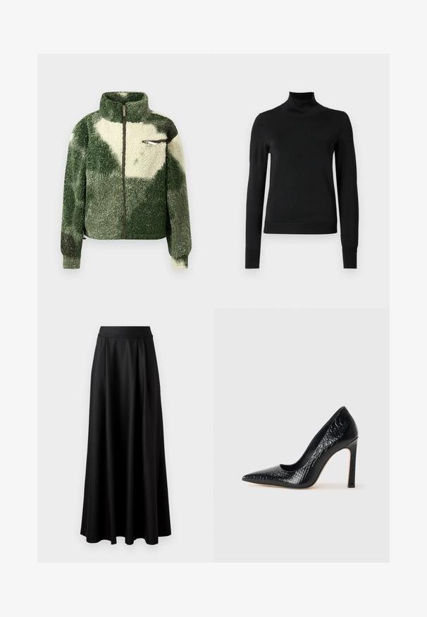 Roheline ja koorevärvi fliisjakke kõrge kaelusega, täisriide sulgemisega ja tõmblukuga rinna taskuga. Omab tekstuurset, pehmet pinda.; Mustmusterta mustaga pikkade varrukatega kõrge kaelusega sviiter, millel on ribakudumisega mansetid ja äär, esitatud lihtsal valgel taustal.; Mustmust pikk, must seelik, millel on sile tekstuur, lai vöökoht ja volditud disain, ilma nähtavate mustrite või kaunistusteta.; Mustan teravaotsaga kõrge kontsaga king, millel on krokodillimustriga tekstuur, stiilne disain, kõrge stilettokonts ja sile must sisesisustus.