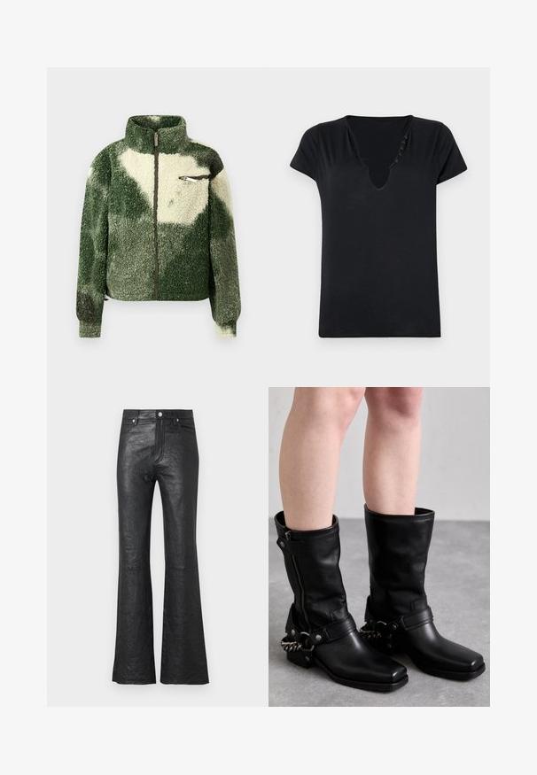 Roheline ja koorevärvi fliisjakke kõrge kaelusega, täisriide sulgemisega ja tõmblukuga rinna taskuga. Omab tekstuurset, pehmet pinda.; Must lähedane t-särk sügava V-kaelusega ja viie dekoratiivse nööbiga kaeluses. Sile kangas ja mugav istuvus.; Mustad nahast lai pahkluudega püksid, millel on kortsus tekstuur, kõrge vöökoht, ees olevad taskud ning klassikaline nööpkinnitus koos luku läbitegemisega.; Mustad mustad kõrge teksad mustast nahast ruudukujulise varbaga, külgrihmaga ja reguleeritava rihmaga, millel on metallketi aksent. Mati viimistlus ja tugev tald.