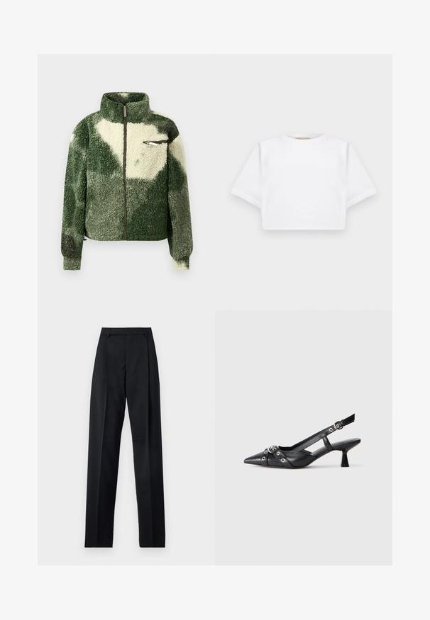 Green and cream fleece jacket with a high collar, full zip closure, and zip chest pocket. Features a textured, plush surface.; Cropped white t-shirt made of soft fabric, featuring short sleeves, a round neckline, and ribbed hem details. Simple and unembellished design.; Black trousers made from smooth fabric featuring a high waist, wide legs, front pleats, and classic belt loops. No side pockets visible.; Black leather slingback shoe with a pointed toe, decorative straps featuring metal eyelets, and a low block heel. Textured surface.