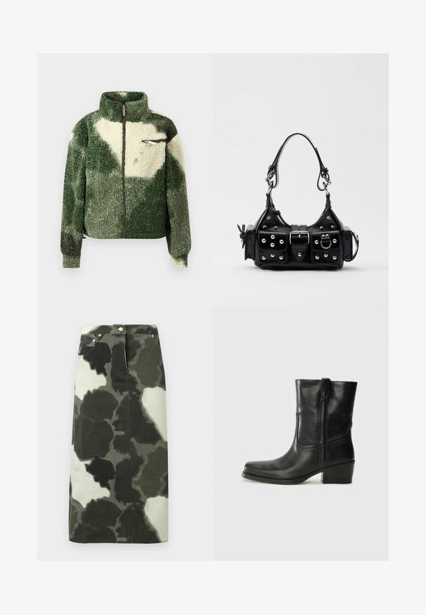 Green and cream fleece jacket with a high collar, full zip closure, and zip chest pocket. Features a textured, plush surface.; Long-sleeve, light beige top with a round neckline. Made of soft fabric, features a central seam and slightly curved hem. No visible hardware.; Camo-patterned denim skirt in dark green and black, featuring a high waist, four pockets, and metallic accents. Mid-length and straight cut.; Black leather ankle boot with a rounded toe, block heel, side zipper, and stitching accents on the vamp. Smooth texture, classic design.; Black leather handbag with a curved design, featuring silver studs, a buckle, and two side pockets. Adjustable strap for carrying options.