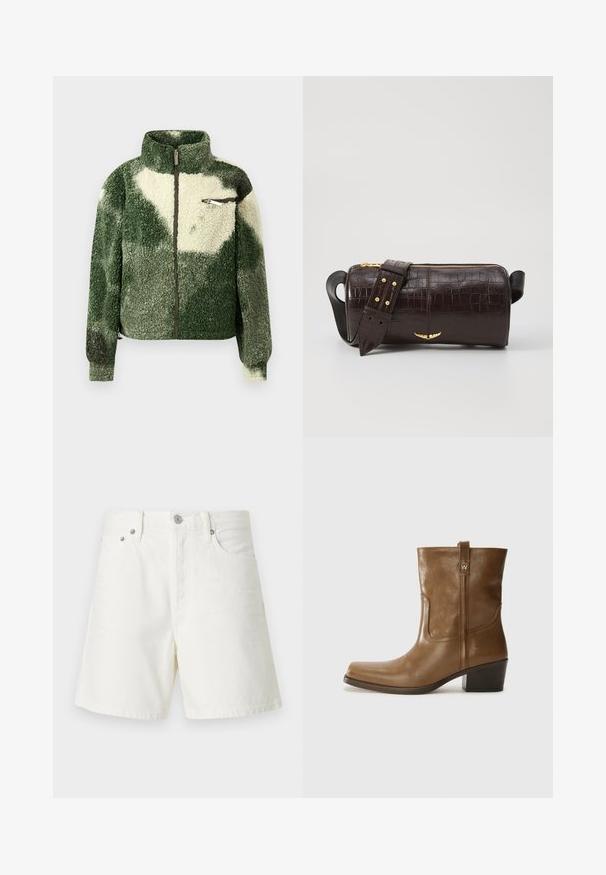 Jachetă din fleece verde și crem cu guler înalt, închidere cu fermoar complet și buzunar pe piept cu fermoar. Prezintă o suprafață texturată, pufoasă.; Top cu mânecă lungă, de culoare bej deschis, cu decolteu rotund. Realizat dintr-un material moale, prezintă o cusătură centrală și un tiv ușor curbat. Fără elemente de prindere vizibile.; Șorturi din denim alb cu croi drept, design cu cinci buzunare, închidere cu nasture în față, elemente de metal argintii și detalii cusute.; Botine din piele maro, cu vârf pătrat, finisaj texturat și toc mic, îngrămădit. Prezentă un tab de tragere la spate și detalii subtile de coasere.; Geantă din piele căptușită cu un model de crocodil de culoare maro, cu o formă cilindrică, accesorii de culoare aurie și un curea detasabilă cu tăieturi.