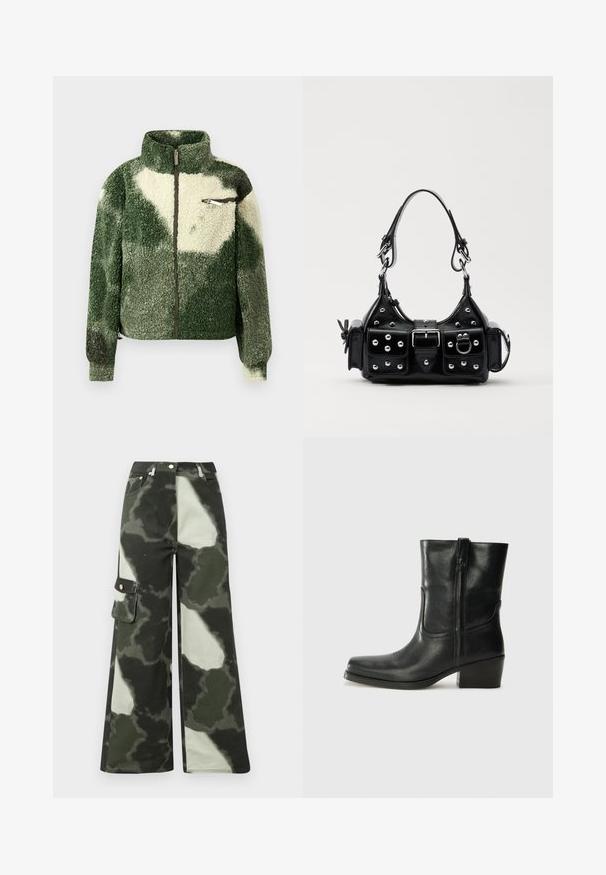 Zeleno-krémová fleecová bunda s vysokým límcem, plným zipem a kapsou na zip na hrudi. Má texturovaný, hřejivý povrch.; Dlouhý rukáv, světle béžový top s kulatým výstřihem. Vyrobeno z jemné látky, má středový šev a mírně zaoblený lem. Bez viditelné kovové úpravy.; Široké cargo kalhoty ve tmavě zeleném a světlém šedém maskáčovém vzoru. Mají boční kapsu a kovový knoflík, vyrobeny z odolného bavlněného materiálu.; Černá kožená kotníková bota s kulatou špičkou, blokovým podpatkem, bočním zipem a prošíváním na svršku. Hladký povrch, klasický design.; Černá kožená kabelka s křivkovým designem, zdobená stříbrnými hřebíky, s přezkou a dvěma bočními kapsami. Nastavitelný popruh pro různé možnosti nošení.