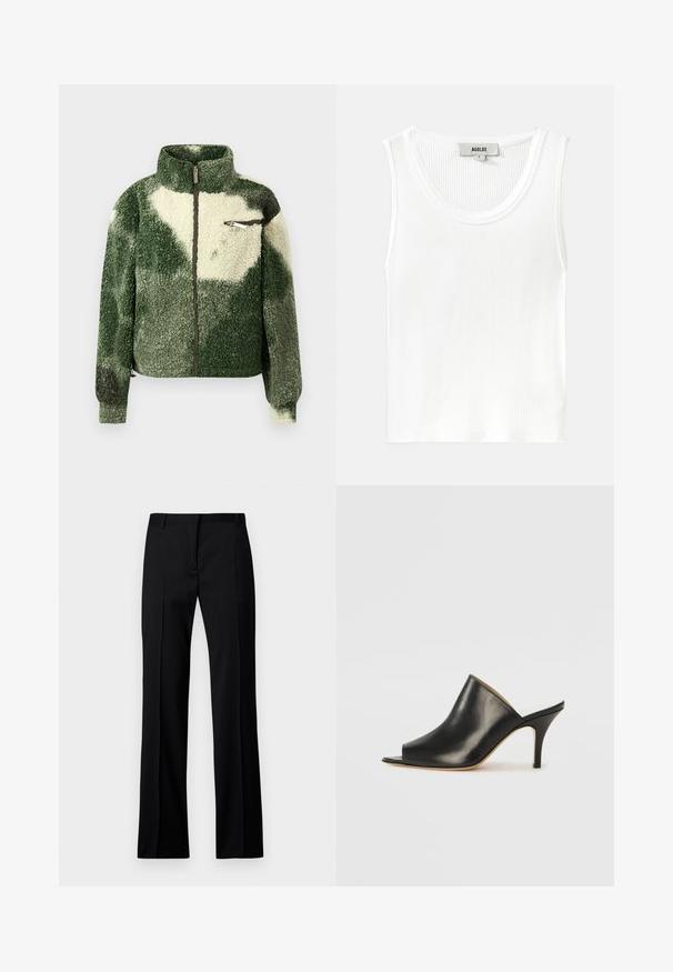 Green and cream fleece jacket with a high collar, full zip closure, and zip chest pocket. Features a textured, plush surface.; White ribbed tank top with a rounded neckline and wide shoulder straps, featuring a tag labeled "AGOLDE" and size "S."; Black straight-leg trousers in smooth fabric, featuring a flat front, belt loops, and no visible pockets or embellishments.; Black leather open-toe mule with a sleek, curved design, high stiletto heel, and smooth texture. The interior features a contrasting light color.