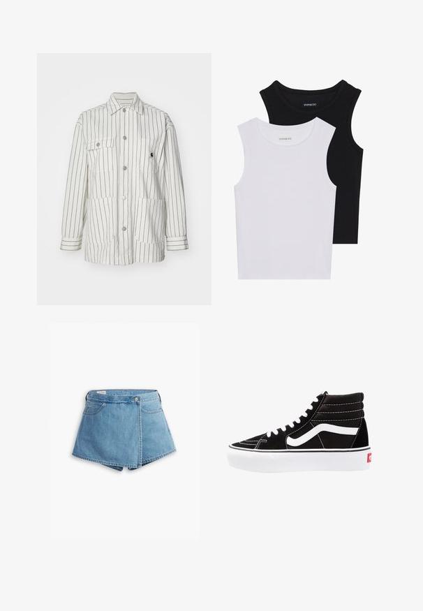 Giacca a righe bianche con chiusura a bottoni sul davanti, due ampie tasche frontali, maniche lunghe e colletto. Realizzata in un tessuto resistente.; Due magliette senza maniche, in bianco e nero, realizzate in cotone a coste, con colli rotondi e un design aderente. Etichette visibili su entrambe.; Shorts in denim di colore azzurro chiaro, con un design avvolgente, tasche frontali e chiusura con bottone metallico. Tessuto liscio con bordi cuciti.; Scarpe da ginnastica nere alte con lacci bianchi, un logo bianco e cuciture bianche a contrasto. Presentano una suola bianca spessa e una parte superiore in suede textured.