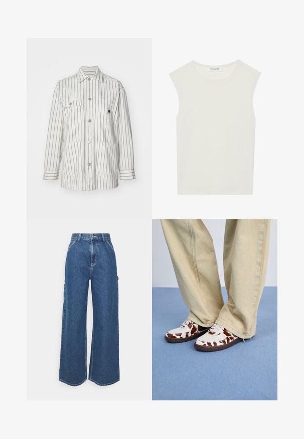 Fehér csíkozott kabát, gombos elülső résszel, két nagy elülső zsebbel, hosszú ujjakkal és gallérral. Tartós szövetből készült.; Fehér ujjatlan felső, kerek nyakkivágással. Simább anyagból készült, laza fazonnal és minimalista kialakítással rendelkezik. Nincsenek minták vagy díszítések.; Széles szárú, kék farmernadrág magas derékkal, kontrasztos varrással és oldalsó zsebekkel, klasszikus öt zsebes kialakítással és nyers szegéllyel.; Fehér és barna mintás sportcipők, hálós és bőr anyagból, barna gumi talppal. Világos bézs bő szabású nadrággal párosítva.