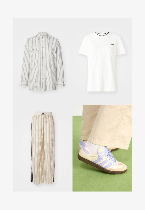 Valge triibuline jakk nööpidega ees, kahe suure ees oleva taskuga, pikkade varrukatega ja kraega. Valmistatud vastupidavast kangast.; Valge puuvillasest t-särgist lühikeste varrukatega ja ümarate kaelustega. Rinnal on must Adidas'i logo ning kontrastne must sisekaelus.; Kreemivärvilised lai säärega püksid, millel on siksakmustrit, must logoga vööp ja külgmised mustad triibud. Kerge, tekstureeritud kangas.; Kreemi ja lavendlivärvi tenniset, millel on kolm triipu ja tekstuuriga pruun tall, varustatud paelte ja pehmendatud kontsaga. Pehme kangast ülemine osa.