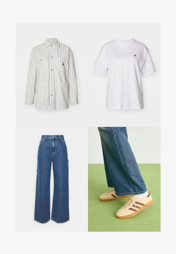 Casaquinho branco riscado com fecho frontal de botões, dois grandes bolsos frontais, mangas longas e colarinho. Feito de um tecido durável.; T-shirt branca de algodão com um corte descontraído, mangas curtas e um pequeno logótipo bordado na área do peito esquerdo.; Calças de ganga azuis de perna larga com cintura alta, costuras em contraste e bolsos laterais, apresentando um design clássico de cinco bolsos e bainhas desfiadas.; Tenis bege com painéis texturizados em creme e riscas castanhas, combinados com jeans de ganga azul. Os jeans têm um corte largo e uma bainha desfiada.