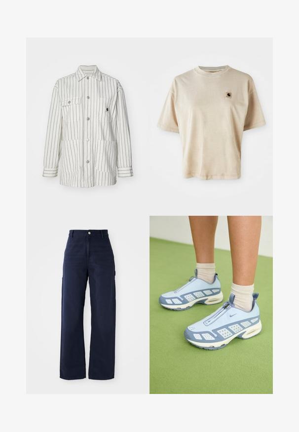 Veste rayée blanche avec un devant à boutons, deux grandes poches avant, des manches longues et un col. Fabriquée en tissu durable.; T-shirt en coton beige avec une coupe décontractée, un col ras du cou, des manches courtes et une petite étiquette carrée avec logo sur la zone gauche de la poitrine.; Un pantalon cargo large en bleu marine fabriqué dans un tissu en coton résistant, avec des poches latérales et une fermeture à bouton à la taille.; Baskets de sport bleu clair avec des accents blancs, des panneaux texturés et une fermeture éclair. Dotées d'une semelle avec coussin d'air visible et d'une semelle en caoutchouc.