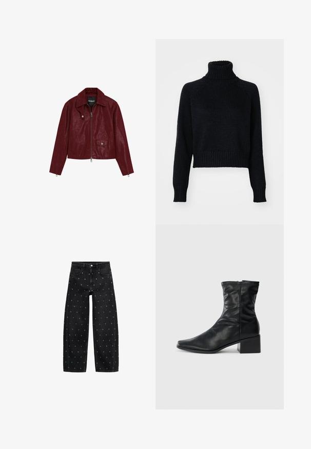 Burgundowa skórzana kurtka z wyprofilowanym kołnierzem, zapięciem na zamek z przodu, bocznymi kieszeniami i teksturowanym wykończeniem. Posiada akcenty z metalowymi elementami w kolorze srebrnym.; Czarny sweter z wysokim kołnierzem o skróconym fasonie, z ściągaczami na mankietach i u dołu oraz teksturowanym splotem na całej powierzchni.; Czarne dżinsy o szerokich nogawkach z wzorem małych srebrnych grommetów, z klasycznym pięciokomorowym krojem i zapięciem na guziki.; Czarne skórzane botki do kostki z kwadratowym noskiem, suwakiem z boku i obcasem blokowym na jednolitym białym tle.