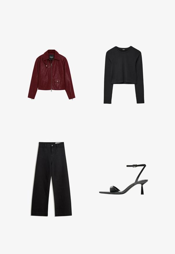 Burgundin värinen nahkatakki, jossa on terävä kaulus, edessä vetoketju, sivutaskut ja teksturoitu pinta. Varustettu hopeansävyisillä metalliosilla.; Mustat pitkät hihat lyhyt toppi, jossa on pyöreä kaula-aukko, yksinkertainen muotoilu ja hieman kaareva helma.; Mustat leveät farkut korkealla vyötäröllä, joissa on etu- ja takataskut, ommellut saumat ja nappisuljenta. Silkinoinen rakenne.; Bershka Korolliset sandaalit - black
