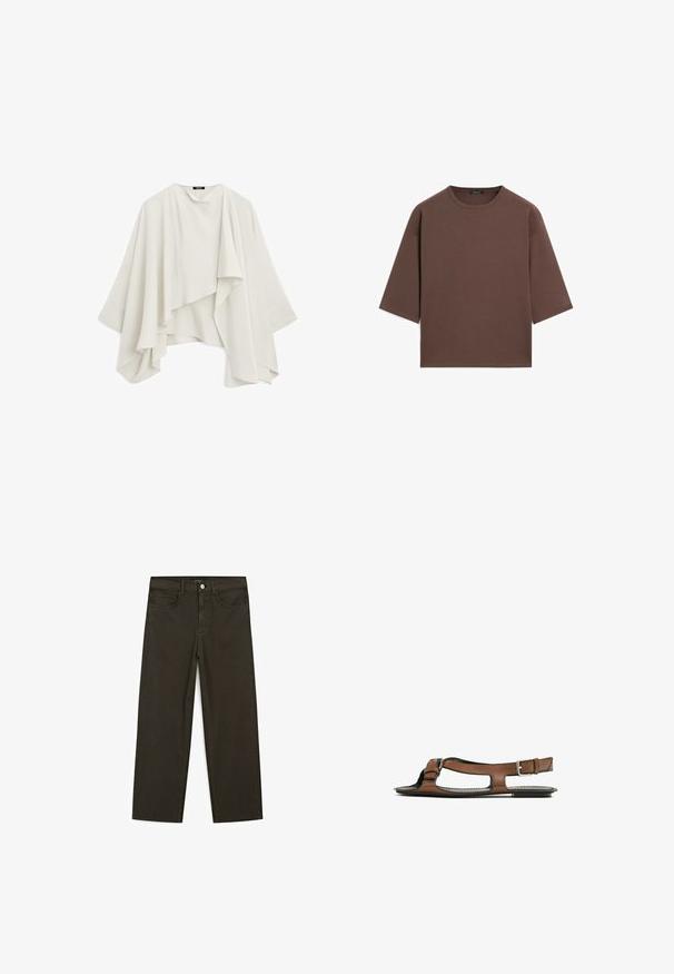 Biała, zwiewna, warstwowa bluzka w stylu kimono z szerokimi rękawami, charakteryzująca się drapowaną konstrukcją i miękkim, teksturowanym materiałem. Brak widocznych zapięć.; Brązowy, krótki t-shirt z okrągłym dekoltem, krótkimi rękawami i miękką fakturą. Zaprojektowany w luźnym kroju z minimalnymi detalami.; Ciemnozielone spodnie dżinsowe typu wide-leg wykonane z mieszanki bawełny, z zamkiem na guzik z przodu, pięcioma kieszeniami i klasycznym przeszyciem dżinsowym.; Brązowe skórzane sandały z otwartym palcem i wycięciami po bokach. Posiadają pasek na kostkę z metalową klamrą oraz płaską podeszwę.