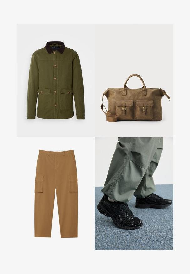 INDICODE JEANS Lahka jakna - olive; Dve majice s kratkimi rokavi: ena enobarvna črna, druga bela z črnimi navpičnimi črtami. Obe imata gumbaste zapenke in klasičen ovratnik.; Rjave cargo hlače z dvema stranskima žepoma, ravnim sprednjim delom in ravnim krojem. Narejene so iz trpežnega materiala z gladko teksturo.; Črne športne superge z sijajnimi in mrežastimi teksturami, ki imajo debel podplat in vezalke, v kombinaciji z ohlapnimi olivno zelenimi cargo hlačami.; Rjav usnjen potovalni kovček z dvema sprednjima žepoma, nastavljivim ramenskim trakom, zlatim okovjem in trdnimi zgornjimi ročaji. Gladka tekstura.