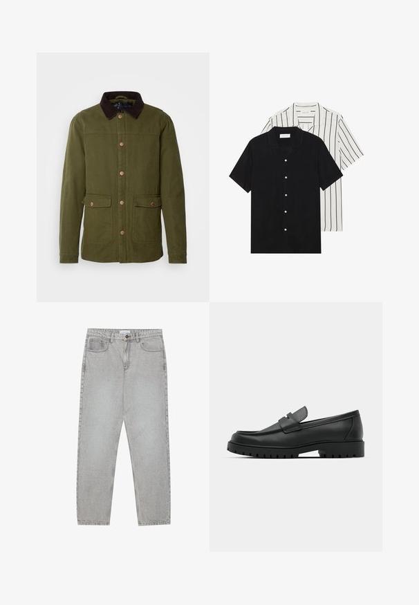 INDICODE JEANS Übergangsjacke - olive; Zwei kurzärmelige Hemden: eines ganz schwarz, das andere weiß mit schwarzen vertikalen Streifen. Beide verfügen über Knopfverschlüsse und einen klassischen Kragen.; Helle graue Jeanshose mit gerade geschnittenem Design, Fünf-Taschen-Stil und Knopfverschluss. Sichtbare Nähte entlang der Seitennähte.; Schwarze Lederloafer mit runder Zehenform, ausgestattet mit einem gesteppten Design, niedrigem Plattformsohle und einer strukturierten, genoppten Gummisohle.