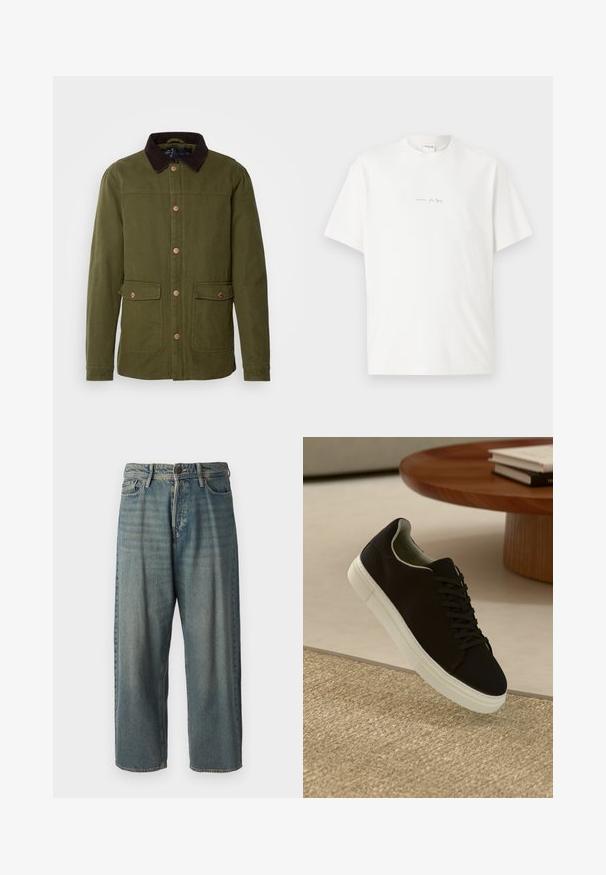 INDICODE JEANS Lagana jakna - olive; Bijela pamučna majica s okruglim izrezom, kratkim rukavima i malim otisnutim logom sprijeda. Glatka tekstura i opušteni kroj.; Svijetloplave traperice s širokim krojem, srednjim pojasom i ravnim nogavicama. Ima pet džepova, petlje za remen i kopčanje na gumb.; Crna tenisica s bijelim potplatom koja lebdi iznad bež teksturiranog tepiha pored okruglog drvenog stola sa složenim knjigama.