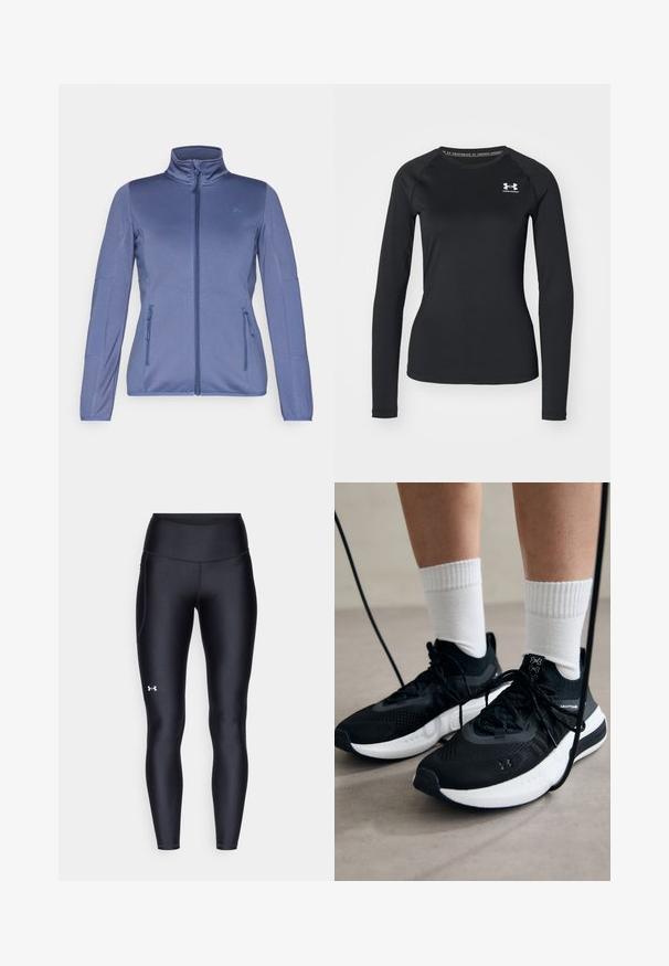 Modrá sportovní bunda s vysokým límcem, plným předním zipem a dvěma bočními kapsami na zip. Má hladkou látku a strukturované rukávy.; Černé sportovní tričko s dlouhým rukávem vyrobené z hladkého materiálu, s kulatým výstřihem a malým bílým logem na levém prsu.; Černé leginy vyrobené z hladkého, pružného materiálu s vysokým pasem. Obsahují bílé logo na levém stehně a mají přiléhavý střih.; Černé sportovní boty s texturovanou tkaninou, bílou podrážkou a černými tkaničkami. Nosené s bílými žebrovanými ponožkami, stojící na světlém povrchu.