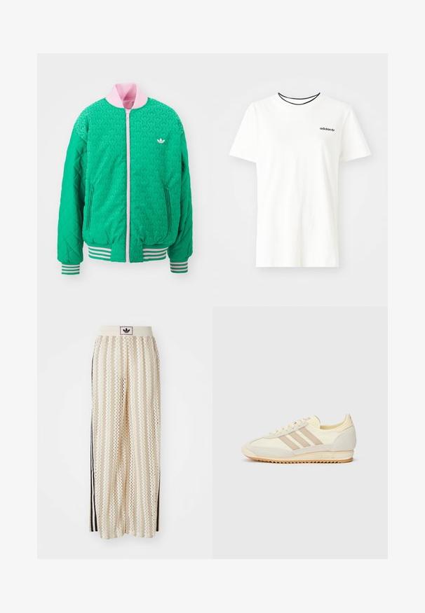 adidas Originals Blusão aviador - green/true pink; T-shirt de algodão branca com mangas curtas e decote redondo. Apresenta um logo preto da Adidas no peito e uma gola interna preta em contraste.; Calças largas de cor creme com um padrão em zigzag, apresentando uma cintura com logotipo preto e riscas laterais pretas. Tecido leve e texturizado.; Sapatilha atlética creme com três riscas bege, materiais em camurça e tecido, sola texturizada e logo em relevo no calcanhar.