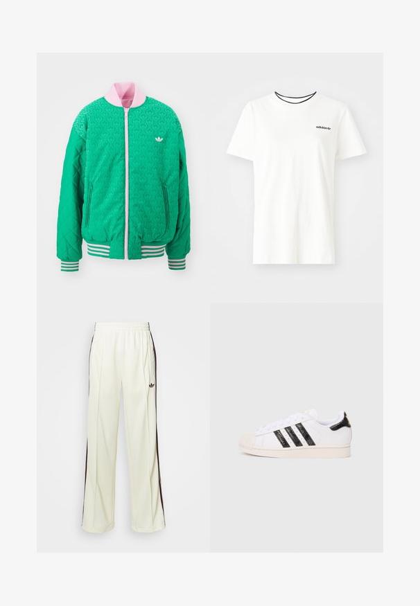 adidas Originals Pilotska jakna - green/true pink; Bijela pamučna majica kratkih rukava s okruglim izrezom. Ima crni Adidas logo na prsima i kontrastnu crnu unutrašnju ovratniku.; Kremaste trenerke s opuštenim krojem, s tamno smešnim bočnim prugama i izvezenim logom na levom bedru.; Bijela tenisica s crnim teksturiranim prugama i akcentima; ima gumeni vrh, ravne vezice i jastučić oko gležnja.