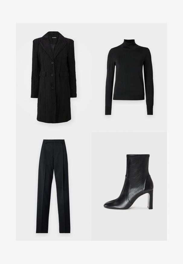Melns garš mēteles ar iegrieztu apkakli, trīs pogu aizdari, divām priekšējām kabatām un teksturētu audumu ar vertikālām līnijām.; Melnas garām piedurknēm turtlenecks džemperis ar ribotām aprocēm un apakšmali, attēlots uz vienkārša balta fona.; Melnas bikses, izgatavotas no gludas auduma, ar augstu vidukli, platiem bikšu galdniekiem, priekšējiem krokām un klasiskām jostu cilpām. Sānu kabatas nav redzamas.; Melnas ādas potītes zābaks ar elegantu dizainu, norādītu pirkstu un augstu kvadrātveida papēdi. Ir gluda tekstūra un minimālisma šuvju detaļas.