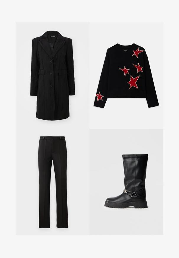 Črn dolg plašč z odrezanim ovratnikom, zapiranjem na tri gumbe, dvema sprednjima žepoma in teksturirano tkanino z navpičnimi črtami.; Črna pletena jopica s krožnim izrezom, ki ima na sprednjem delu in eni rokavu več rdečih zvezdastih vzorčkov z raztrganimi robovi.; Črne krojene hlače s ravnim nogavicam, dvema sprednjima žepoma, gumbom za zapiranje in nabranimi detajli spredaj. Gladka tekstura tkanine.; Črne nadkolenske čevlje iz gladke usnje, ki imajo zaponko na strani in debele, teksturirane podplate za boljši oprijem.