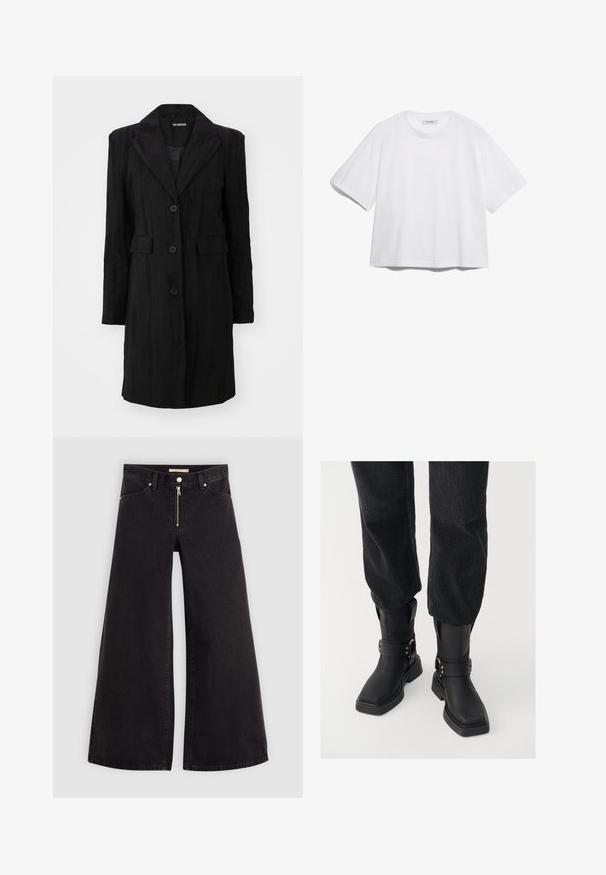 Mustlane must mantel, millel on sälg-lapell, kolme nupuga kinnistus, kaks esikotti ja tekstuuriga kangas vertikaalsete joontega.; Valge puuvillane T-särk lühikeste varrukatega, ümar kaelus, vaba lõige ning ilma nähtavate mustrite või graafikateta. Sile tekstuur ja lihtne disain.; Laiad teksad mustast denimist, millel on lukuga eesmine osa, viie taskuga disain ja peened õmblusdetailid. Sile tekstuur ja juhuslik stiil.; Mustas nahast pahkluu saapad ruudukujulise varbaga, laia rihma ja metallist luku detailiga. Saapad on tummise tallaga ja siledast tekstuurist.