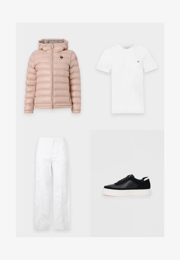 Svetloružová prešívaná bunda s kapucňou, s horizontálnymi prešívanými sekciami, predným zipsom a malým logom na ľavej hrudi.; Biela bavlnená tričko s krátkymi rukávmi a okrúhlym výstrihom. Obsahuje malé čierne logo "ck" na ľavej hrudi. Hladká textúra.; Biele široké nohavice z ľahkej látky, s hladkou textúrou, čistými líniami a vysokým pásom.; Čierne tenisky s hladkou kožou a semišovými panelmi, plochými šnúrkami, zaoblenou špičkou a bielou gumovou podrážkou. Výrazné logo na päte.