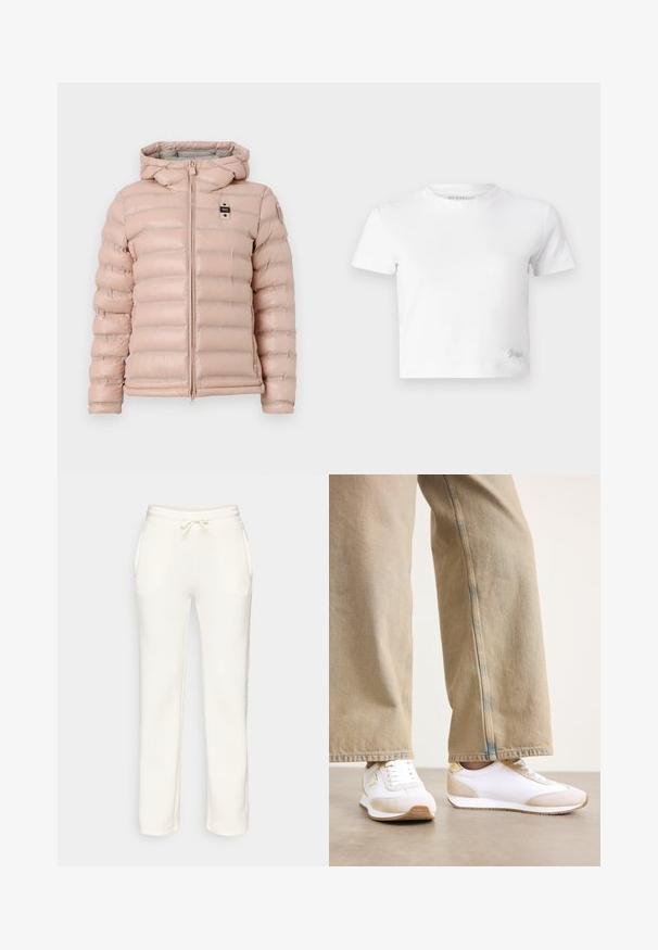 Svijetlo ružičasta jakna s kapuljačom, koja ima horizontalno qviltane dijelove, prednji zip i mali logo na lijevoj sisi.; Bijela skraćena majica izrađena od glatkog pamuka, s visokim izrezom i kratkim rukavima. Mali izvezeni logo u donjem kutu.; Bijele trenirke s elastičnim pojasom, vezicom i bočnim džepovima, prikazane na jednobojnoj pozadini.; Bijele tenisice s bež antilop detaljem, ravnim zatvaranjem na vezivanje i gumiranim potplatom, u kombinaciji s svijetlosmešanim ravnim trapericama.